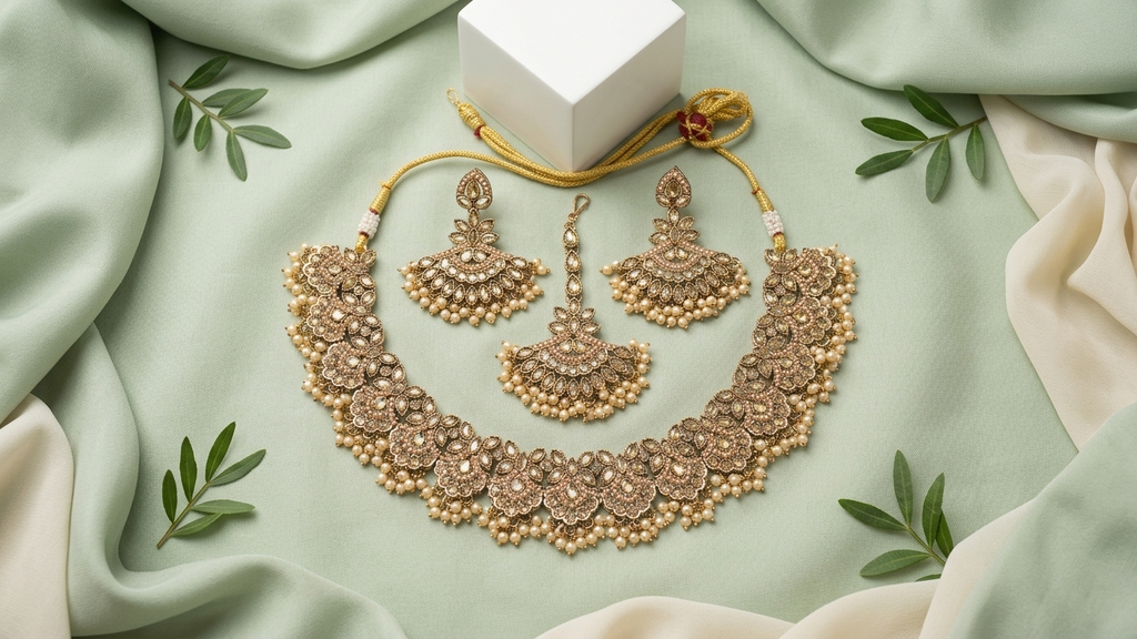 Antique Gold-Toned Floral Choker Set with Champagne Stone Accents, Matching Earrings, and Maang Tikka