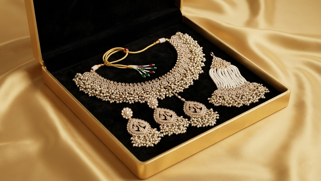 Regal Antique Gold-Toned Jewelry Set with Intricate Stonework, Maang Tikka, and Pearl-Fringed Passa