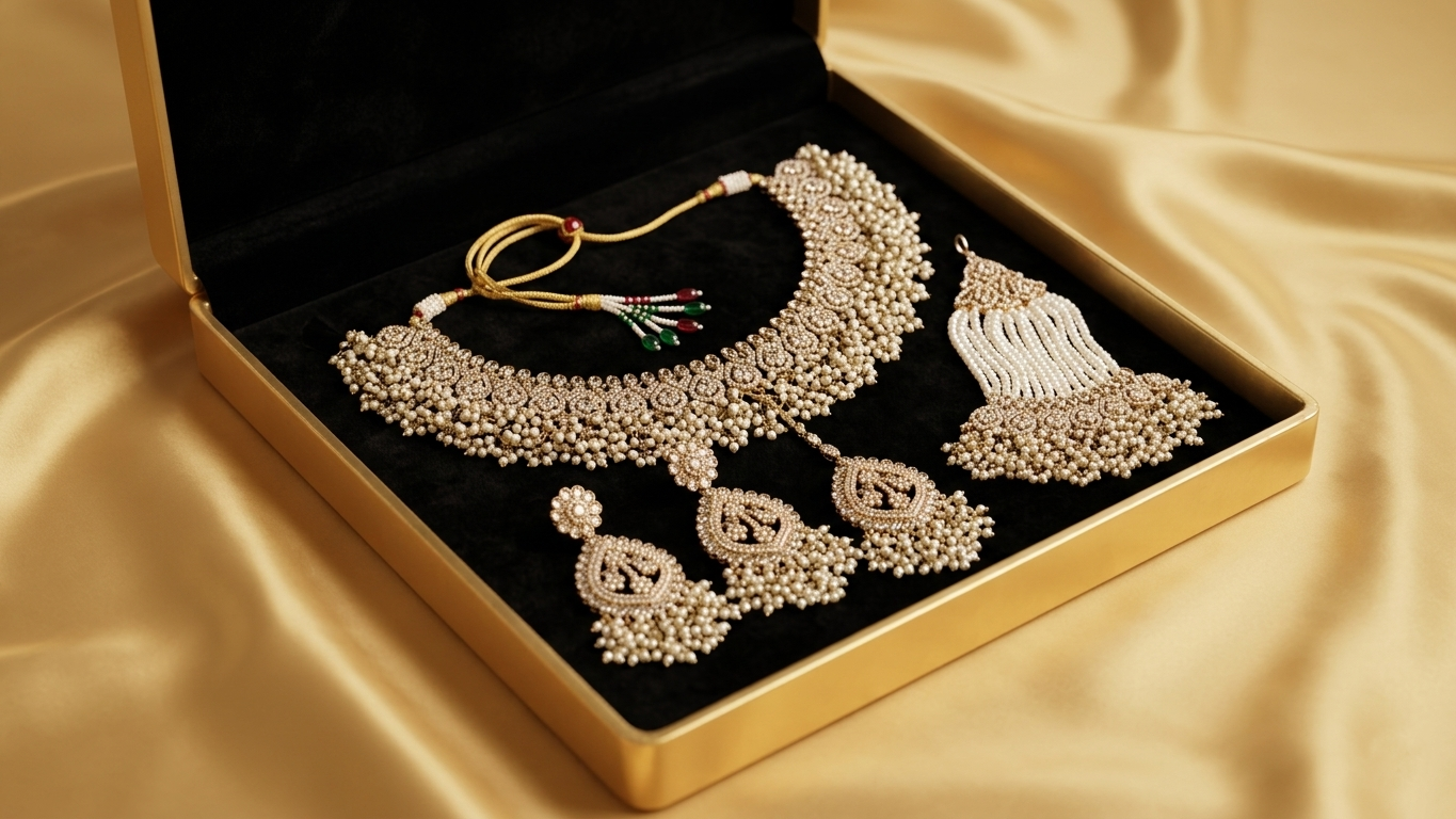Regal Antique Gold-Toned Jewelry Set with Intricate Stonework, Maang Tikka, and Pearl-Fringed Passa