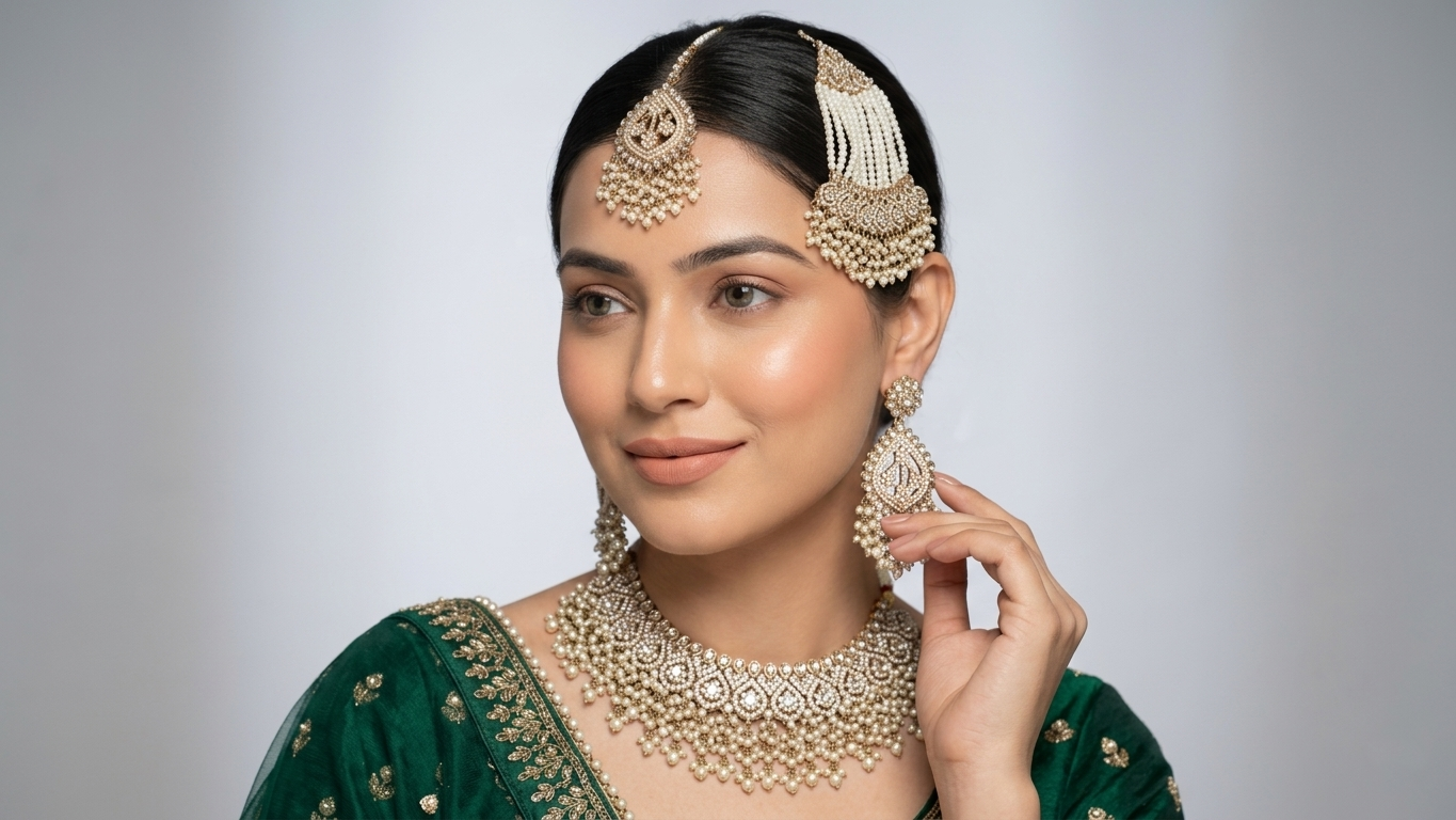 Regal Antique Gold-Toned Jewelry Set with Intricate Stonework, Maang Tikka, and Pearl-Fringed Passa