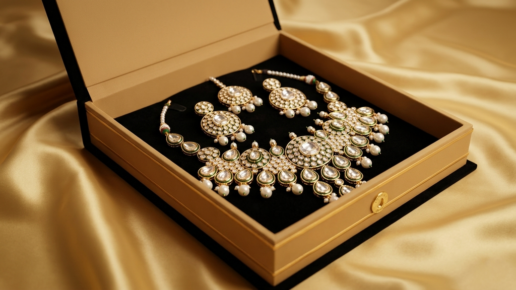 The Empress Meenakari Collection-Handcrafted Green & Gold Kundan Necklace with Matching Earrings & Maang Tikka