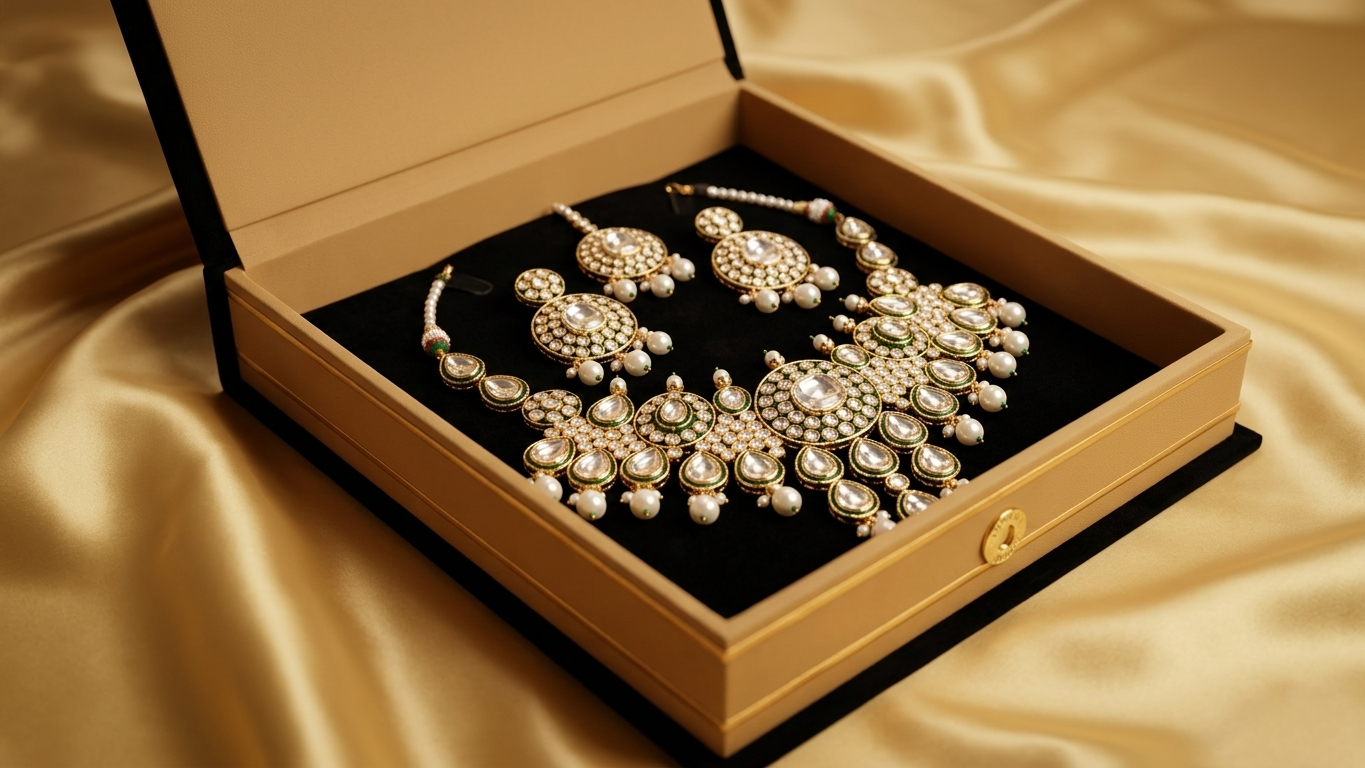 The Empress Meenakari Collection-Handcrafted Green & Gold Kundan Necklace with Matching Earrings & Maang Tikka