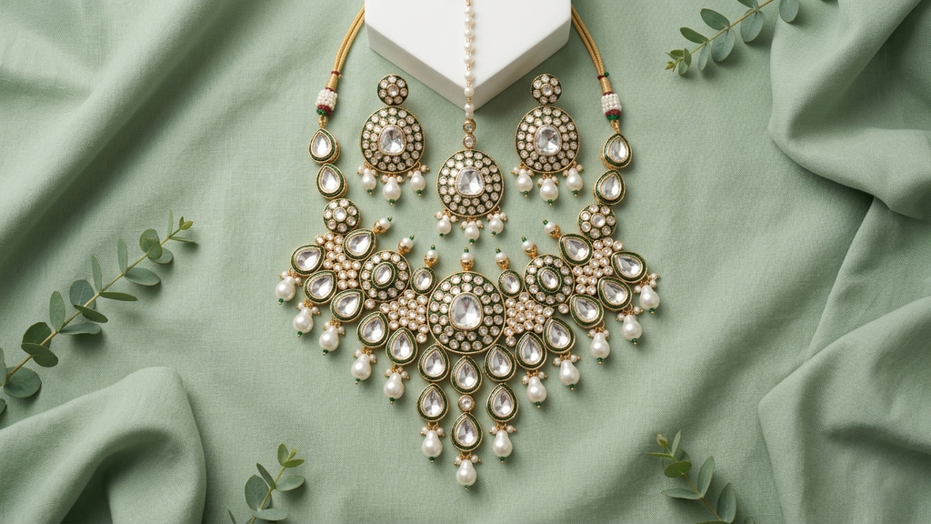 The Empress Meenakari Collection-Handcrafted Green & Gold Kundan Necklace with Matching Earrings & Maang Tikka