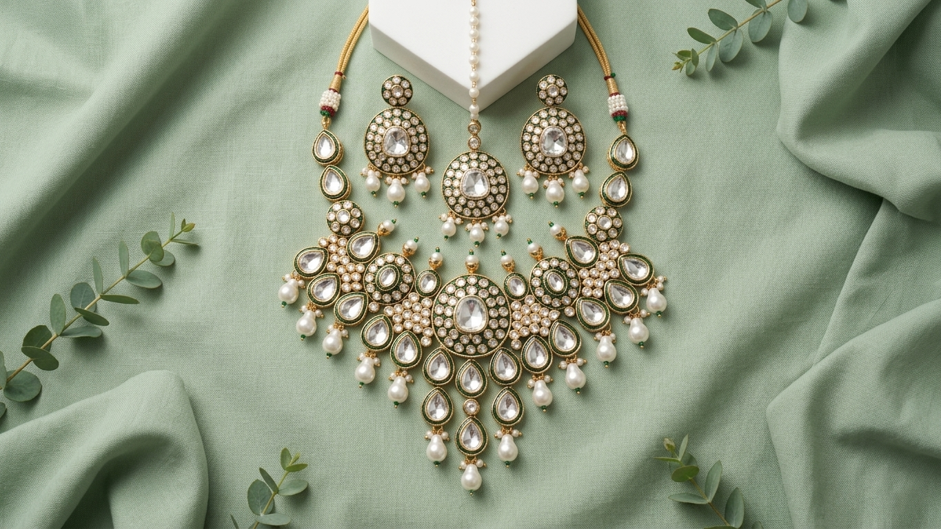 The Empress Meenakari Collection-Handcrafted Green & Gold Kundan Necklace with Matching Earrings & Maang Tikka