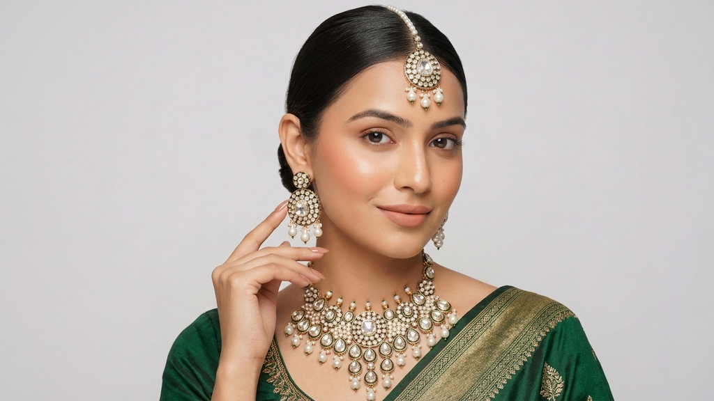 The Empress Meenakari Collection-Handcrafted Green & Gold Kundan Necklace with Matching Earrings & Maang Tikka