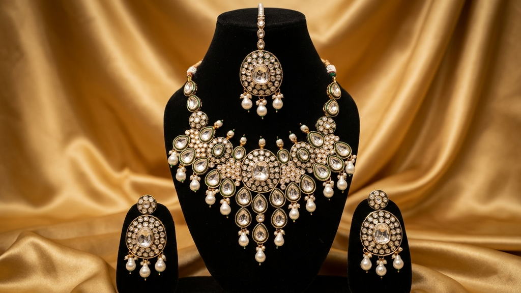 The Empress Meenakari Collection-Handcrafted Green & Gold Kundan Necklace with Matching Earrings & Maang Tikka