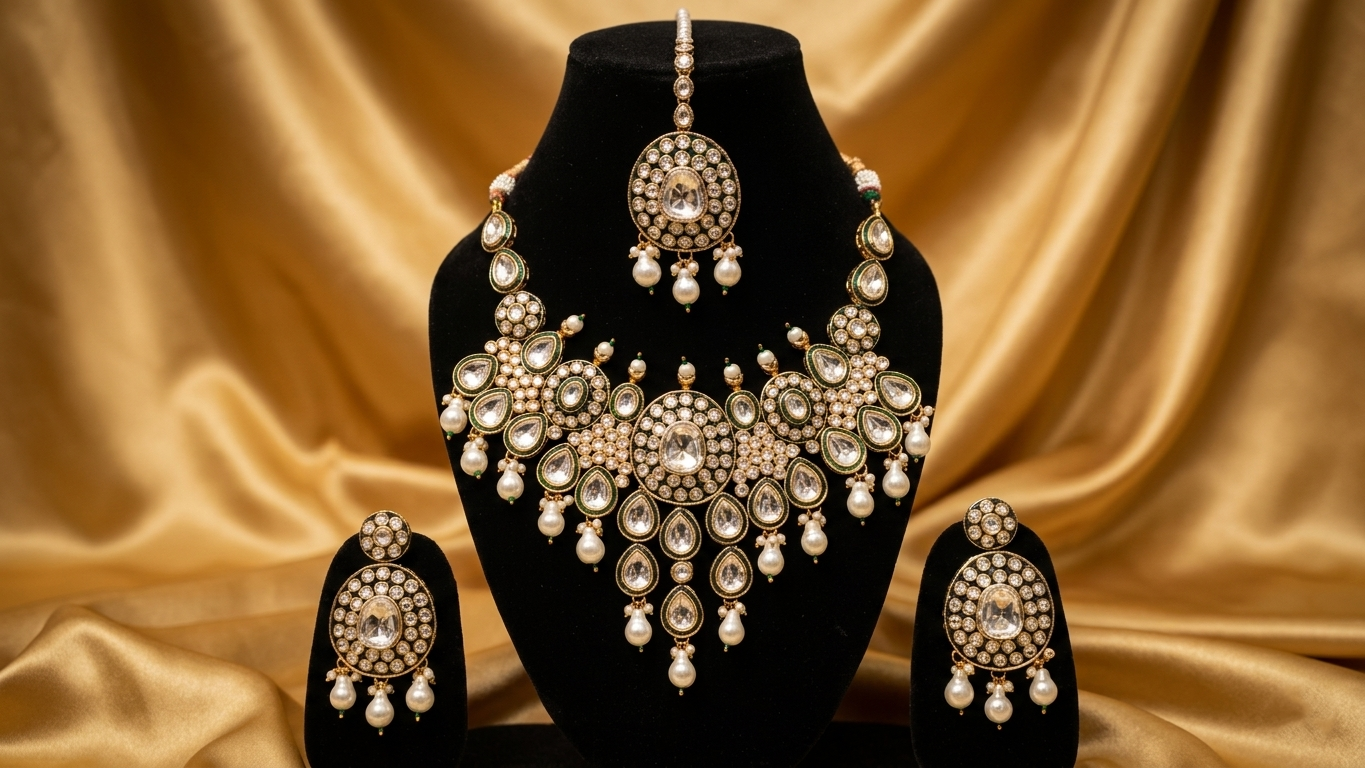The Empress Meenakari Collection-Handcrafted Green & Gold Kundan Necklace with Matching Earrings & Maang Tikka