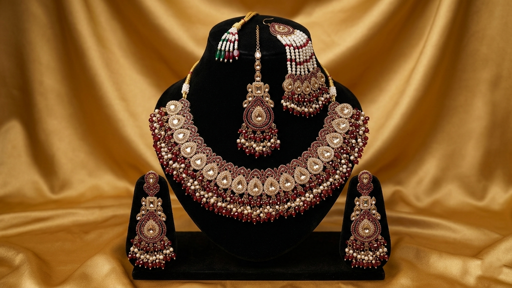 The Royal Rajputana Collection  -  Maroon & Gold Antique Kundan Bridal Set with Passa
