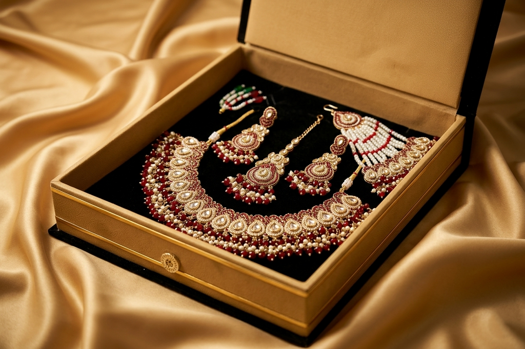 The Royal Rajputana Collection  -  Maroon & Gold Antique Kundan Bridal Set with Passa