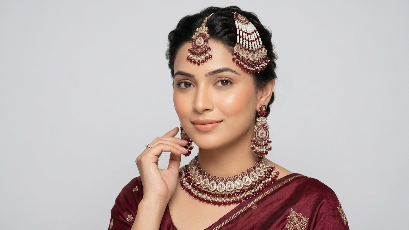 The Royal Rajputana Collection  -  Maroon & Gold Antique Kundan Bridal Set with Passa