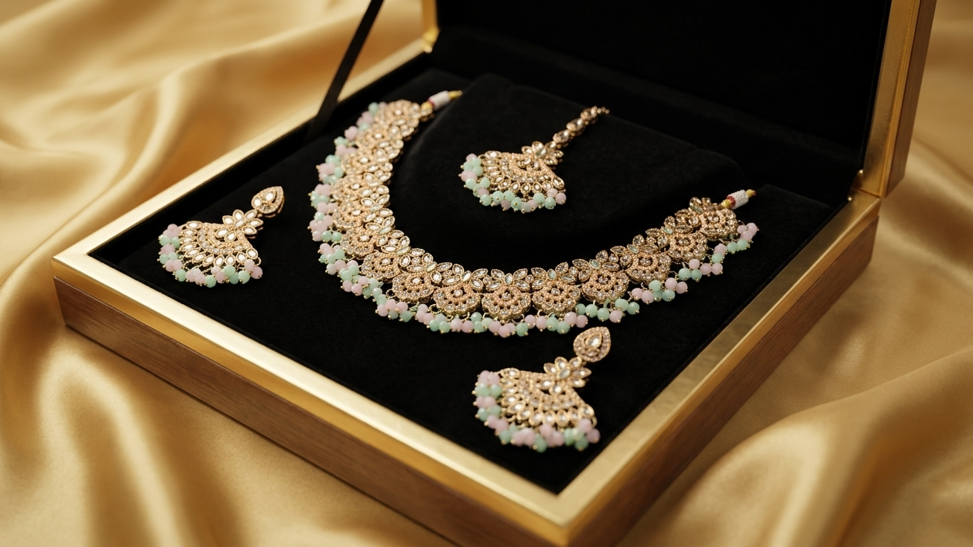 Mint & Peach Pastel Floral Choker Set with Maang Tikka – Rose Gold Plated Antique Filigree Jewelry