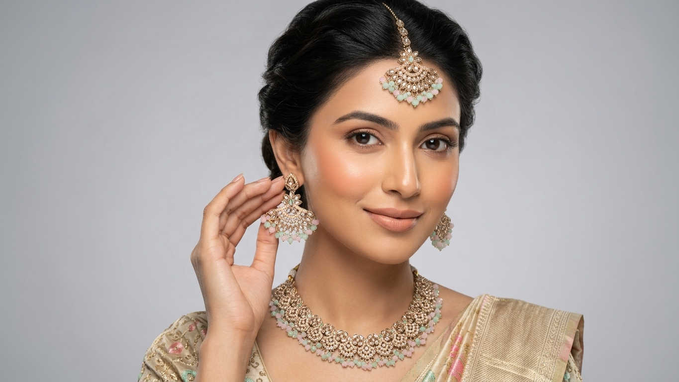 Mint & Peach Pastel Floral Choker Set with Maang Tikka – Rose Gold Plated Antique Filigree Jewelry