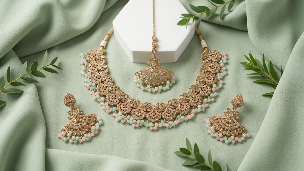 Mint & Peach Pastel Floral Choker Set with Maang Tikka – Rose Gold Plated Antique Filigree Jewelry
