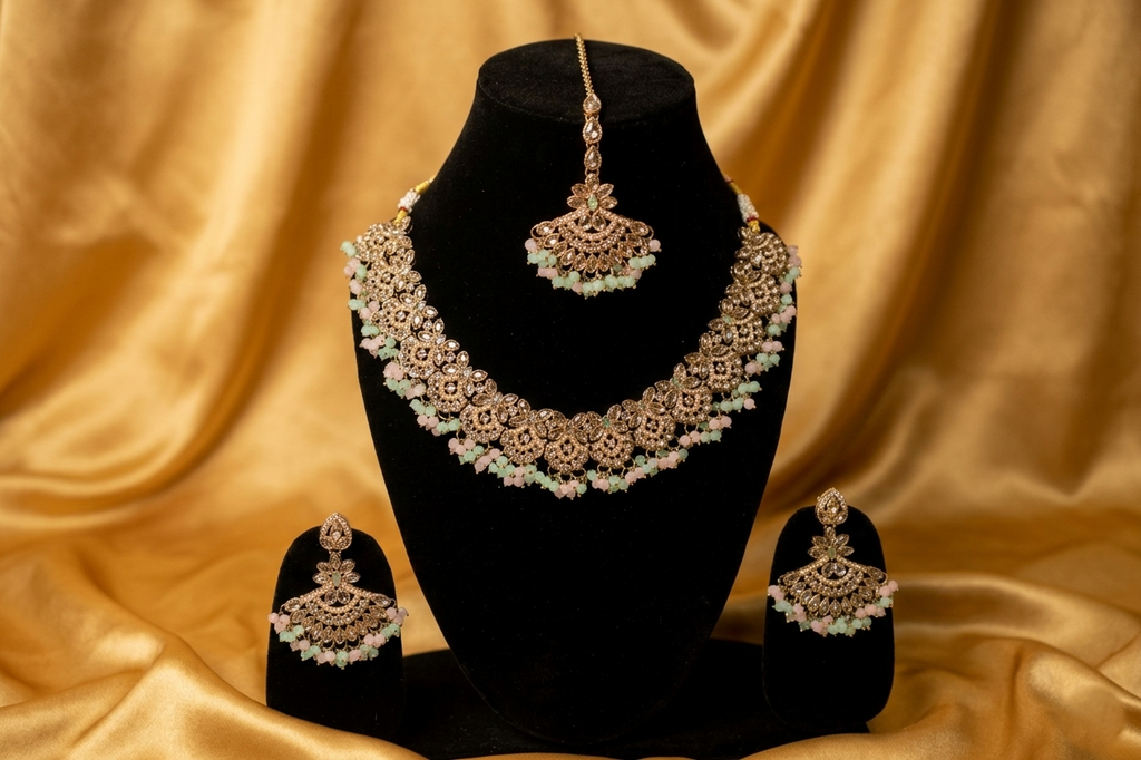 Mint & Peach Pastel Floral Choker Set with Maang Tikka – Rose Gold Plated Antique Filigree Jewelry