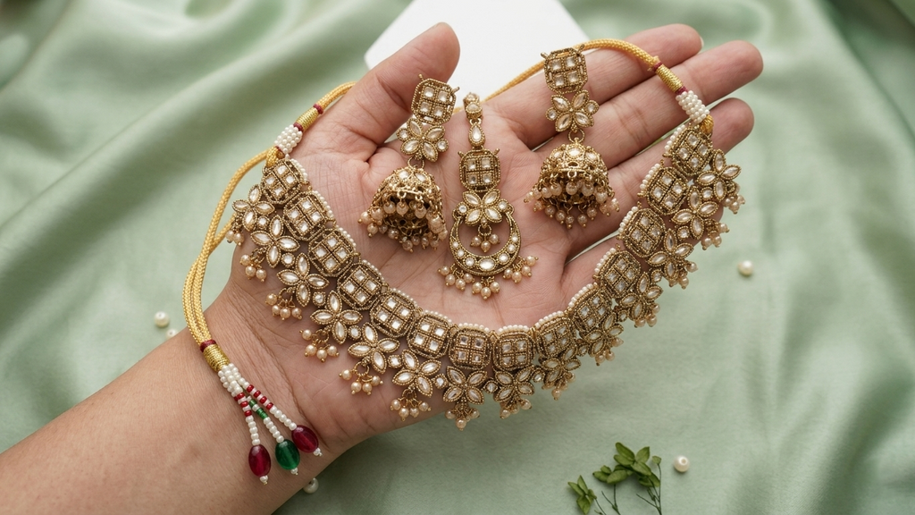 Antique Gold Kundan Choker Set with Jhumkas & Maang Tikka – Traditional Geometric Floral  Jewelry