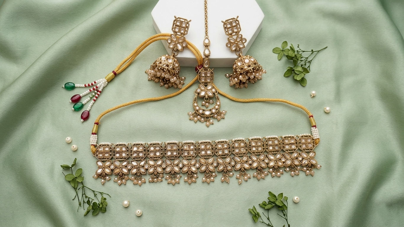 Antique Gold Kundan Choker Set with Jhumkas & Maang Tikka – Traditional Geometric Floral  Jewelry