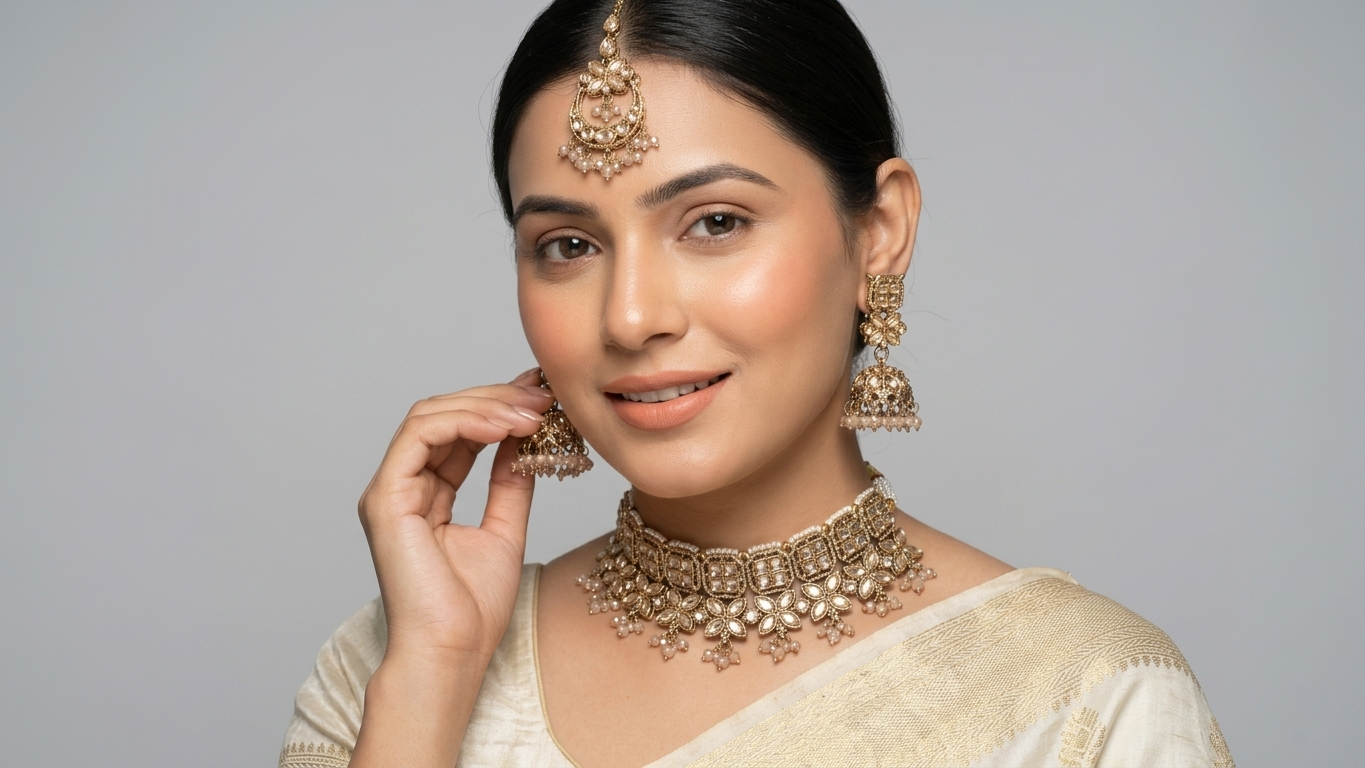 Antique Gold Kundan Choker Set with Jhumkas & Maang Tikka – Traditional Geometric Floral  Jewelry