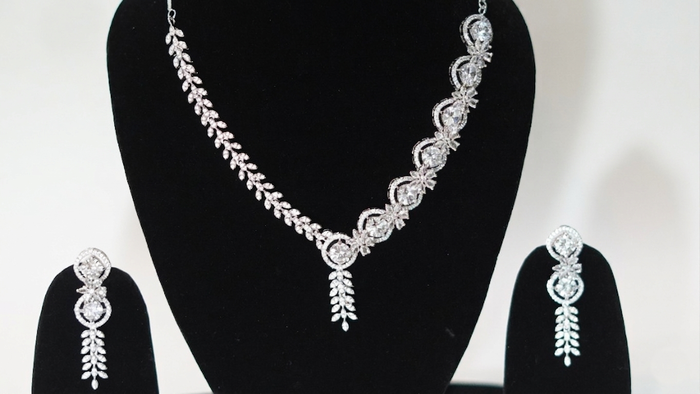 Silver-Plated Mint Green and Pink Stone AD Necklace with Earrings